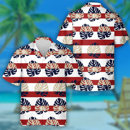 Patrún Trópaiceach Duilleog Monstera Ar Chúlra Stiall Deirge Léine Haváí, Bronntanas Léine Haváíais, Bronntanas Nollag