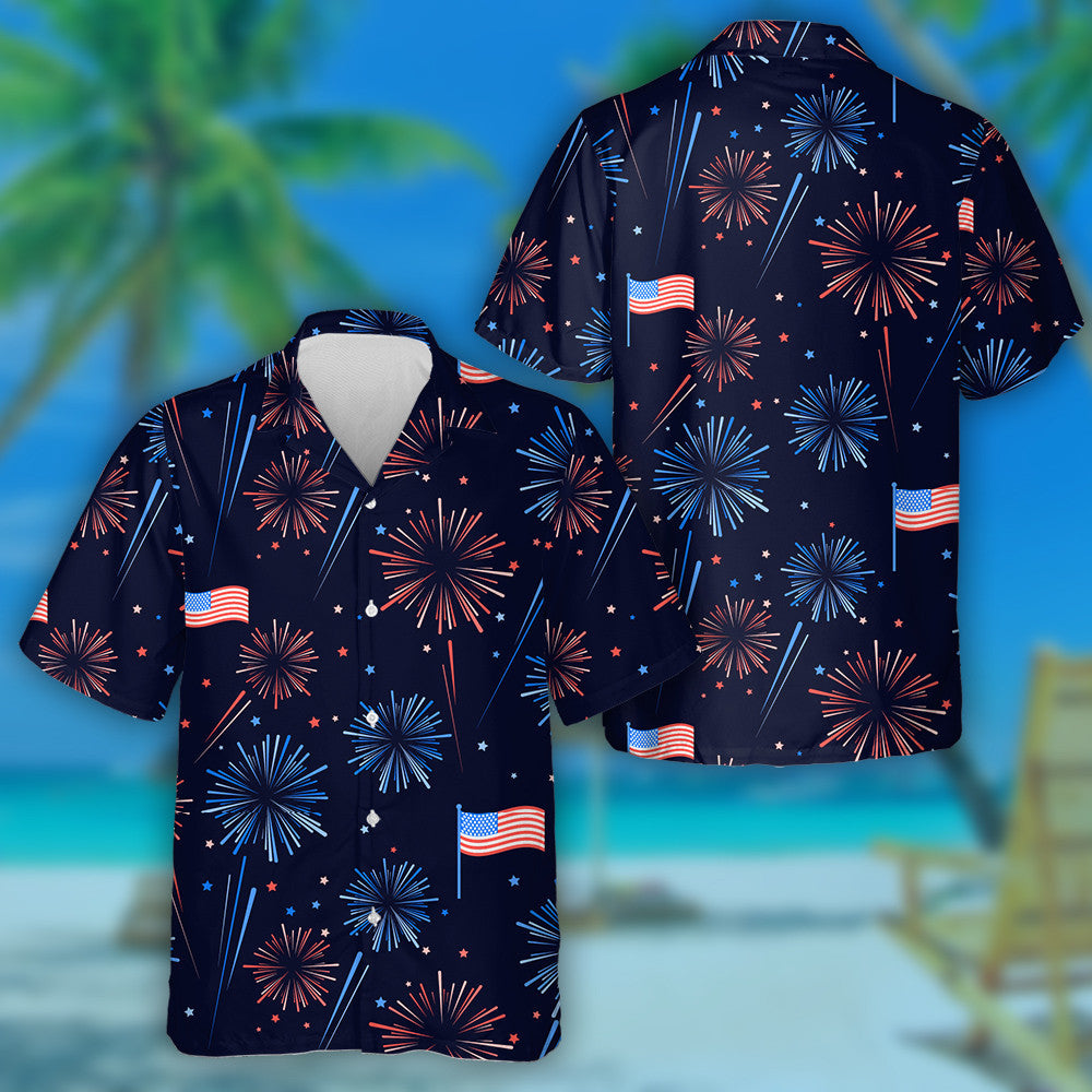 Dark Theme Fireworks Stars American Flags Pattern Hawaiian Shirt, Hawaiian Shirt Gift, Christmas Gift
