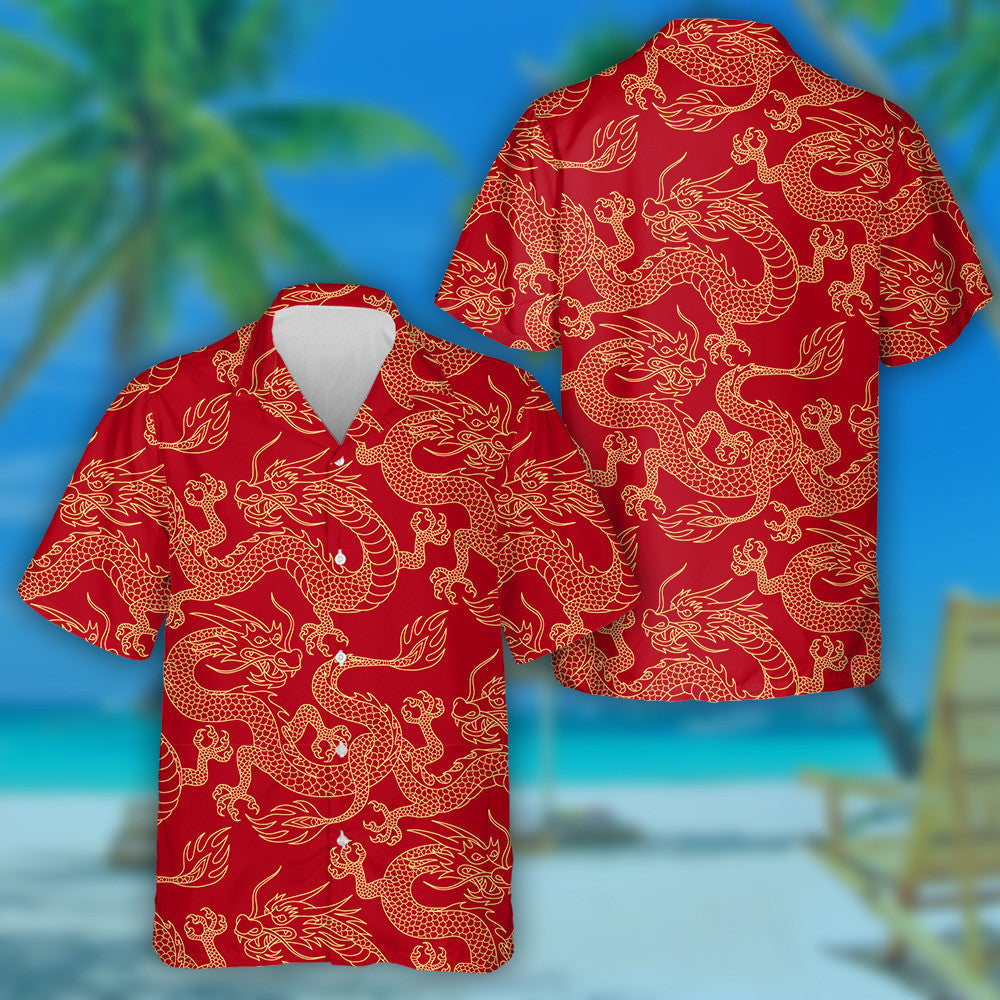 Chinese Dragon Fighting Outline Gold On Red Hawaiian Shirt, Hawaiian Shirt Gift, Christmas Gift