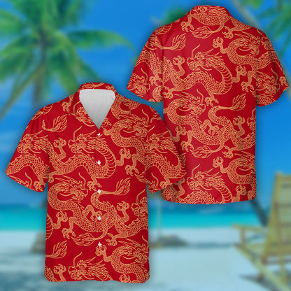 Chinese Dragon Fighting Outline Gold On Red Hawaiian Shirt, Hawaiian Shirt Gift, Christmas Gift