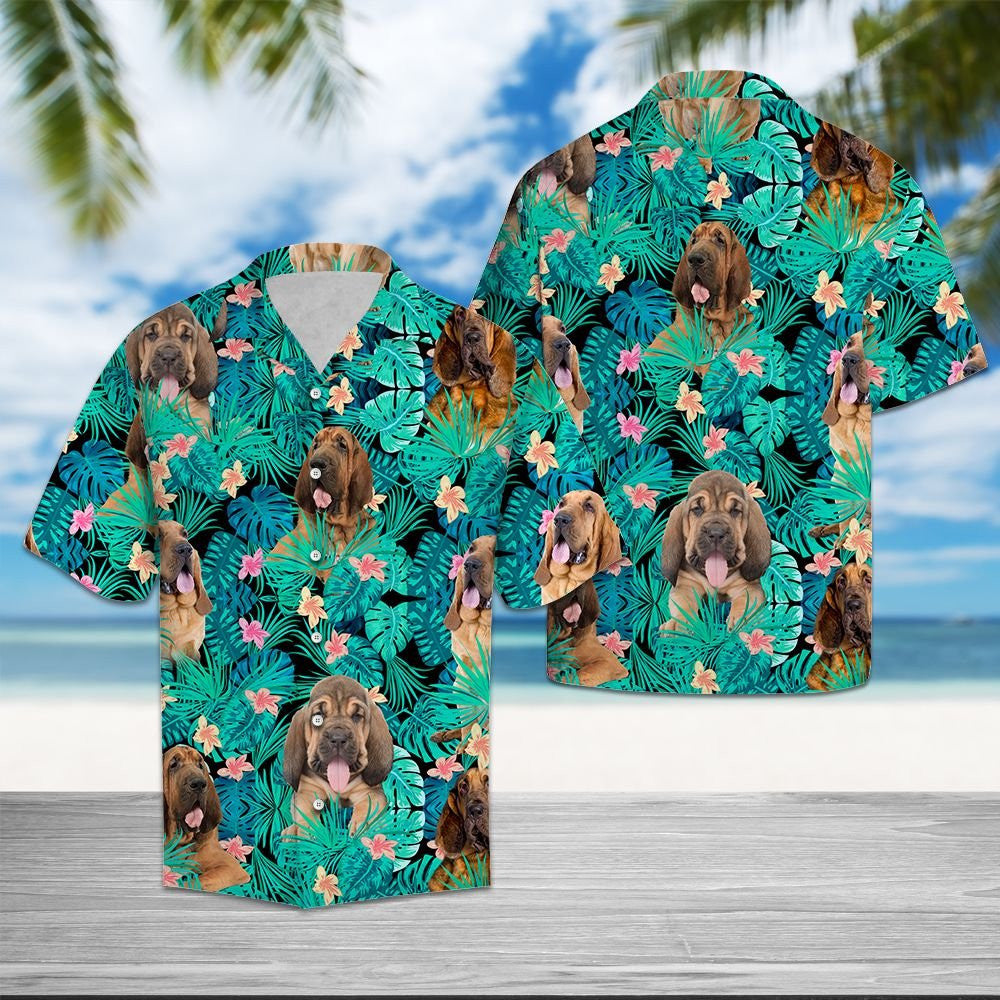 Bloodhound Among Hibiscus Flowers And Leaves Hawaiian Shirt, Hawaiian For Gift