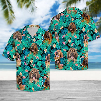 Bloodhound Among Hibiscus Flowers And Leaves Hawaiian Shirt, Hawaiian For Gift