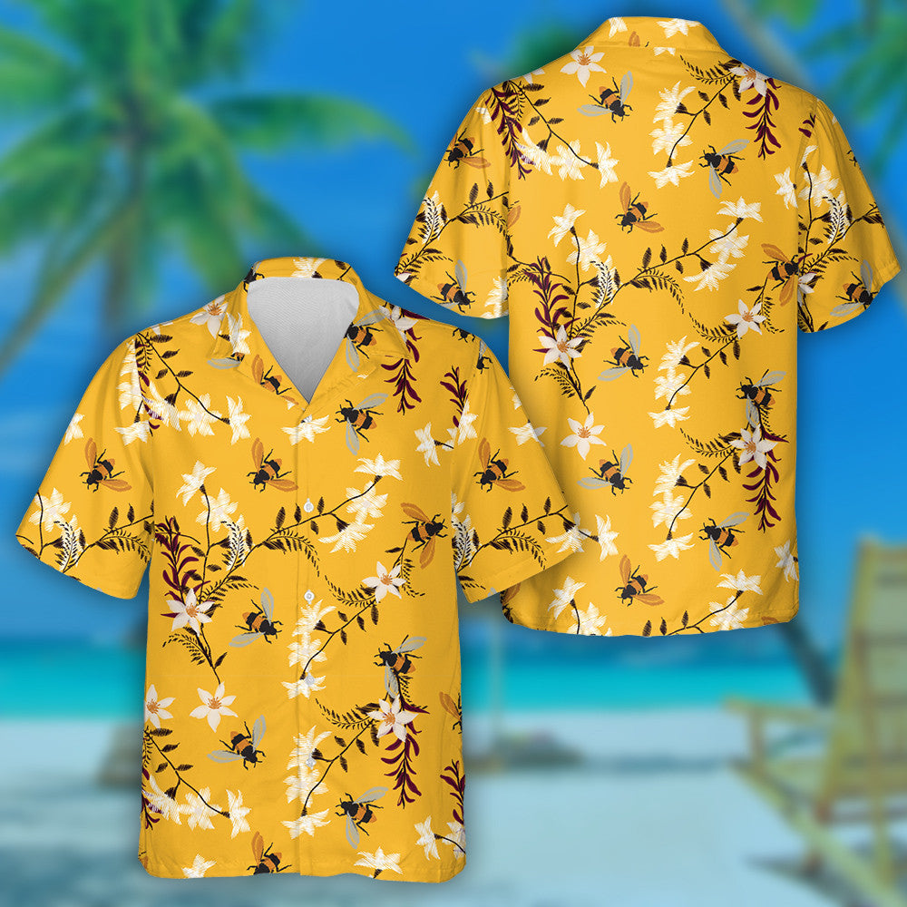 Bee And Flower Embroidery On Vintage Yellow Hawaiian Shirt, Hawaiian Shirt Gift, Christmas Gift