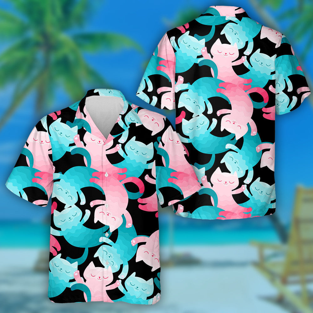 Cute Cartoon Animal Pink And Bkue Cat Hawaiian Shirt, Hawaiian Shirt Gift, Christmas Gift
