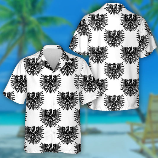 Black Heraldic Eagles On White Background Hawaiian Shirt, Hawaiian For Gift