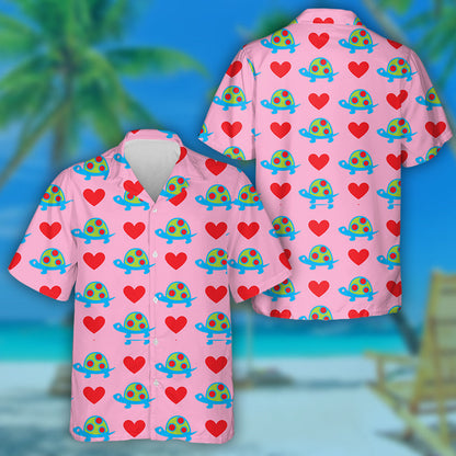 Green Turtles And Red Heart On Pink Hawaiian Shirt, Hawaiian Shirt Gift, Christmas Gift