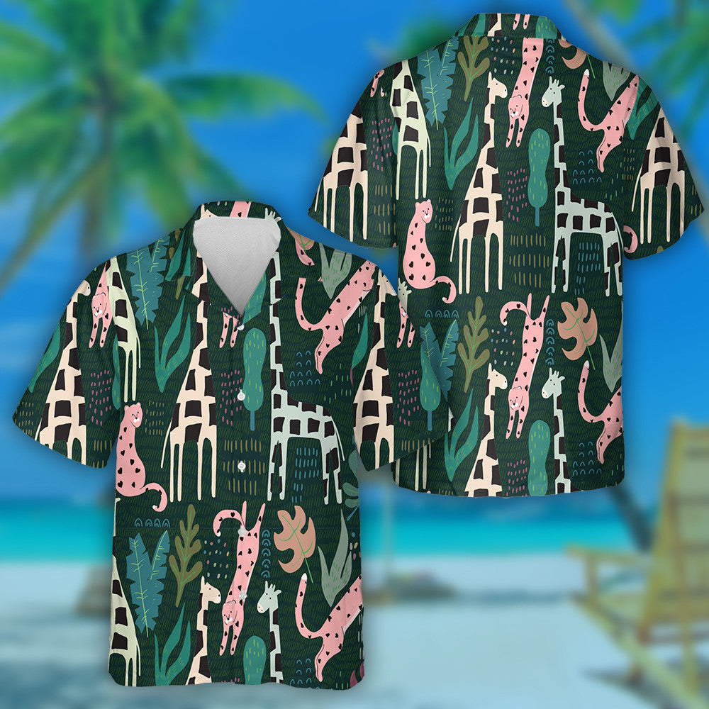Animal With Giraffe And Pink Leopard In Hearts Hawaiian Shirt, Hawaiian Shirt Gift, Christmas Gift