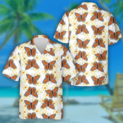 Pretty Theme Beautiful Orange Butterflies On Flower Hawaiian Shirt, Hawaiian Shirt Gift, Christmas Gift