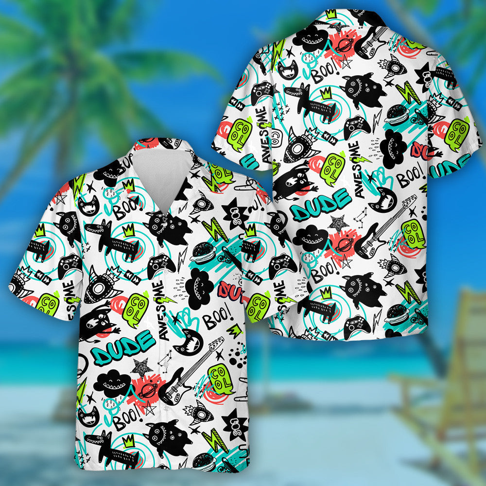 Cartoon Abstract Dog And Monsters Comics Doodle Hawaiian Shirt, Hawaiian Shirt Gift, Christmas Gift