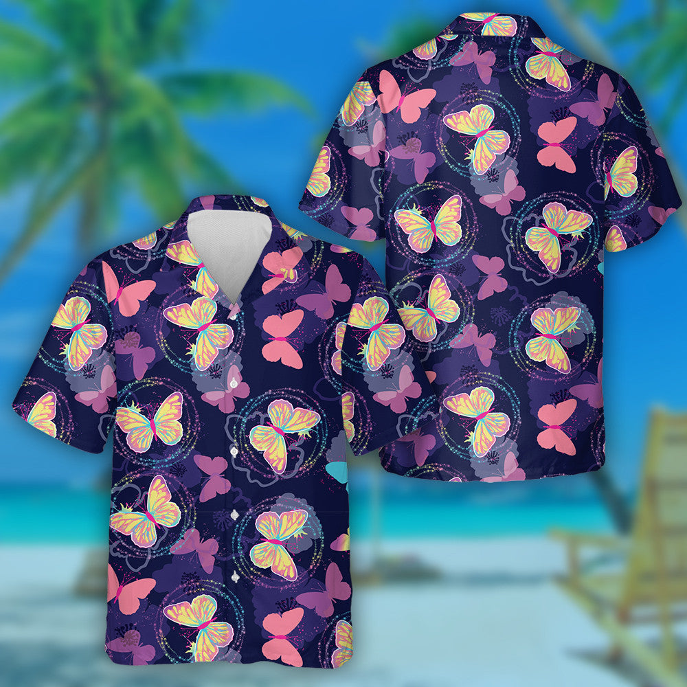 Bright Butterflies On Magic Circled Colorful Hawaiian Shirt, Hawaiian Shirt Gift, Christmas Gift
