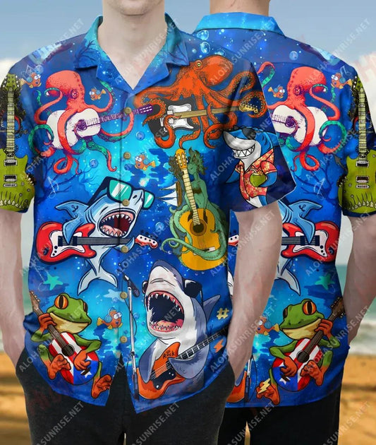 Playing Guitar Under The Sea Unisex Short Sleeve Shirt Ocean Hawaiian T Shirts Hawaiian Crazy Shirts Hawaiian Shirts For Men, Hawaiian Shirt Gift, Christmas Gift