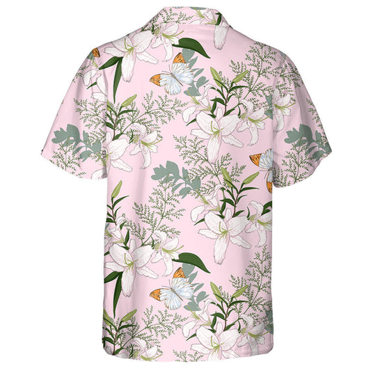 Theme White Lilies And Butterflies On Pink Hawaiian Shirt, Hawaiian Shirt Gift, Christmas Gift