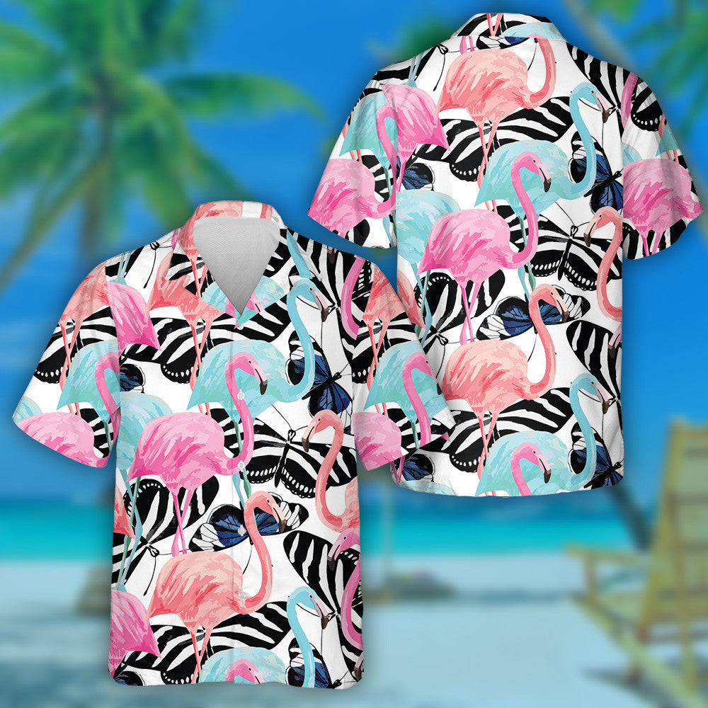 Watercolor Cute Flamingo On Butterfly Background Hawaiian Shirt, Hwaiian For Gift