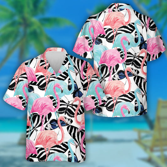 Watercolor Cute Flamingo On Butterfly Background Hawaiian Shirt, Hwaiian For Gift