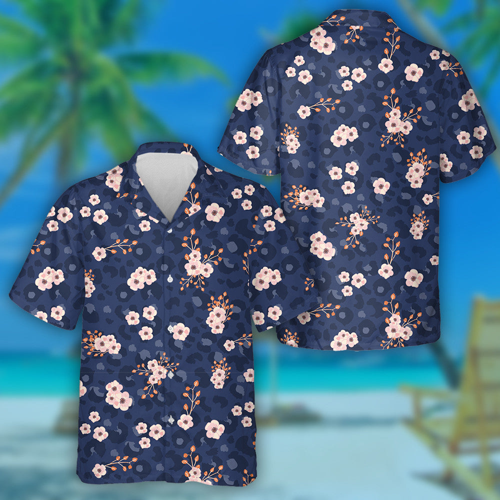 Blue Leopard Skin And Pink Small Flowers Hawaiian Shirt, Hawaiian Shirt Gift, Christmas Gift