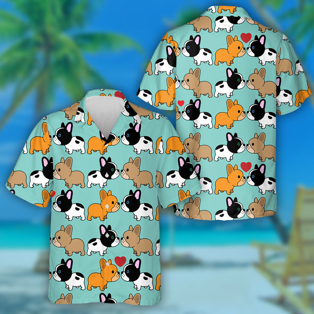 Sweet Cartoon Couple Puppy French Bulldog Hawaiian Shirt, Hawaiian Shirt Gift, Christmas Gift