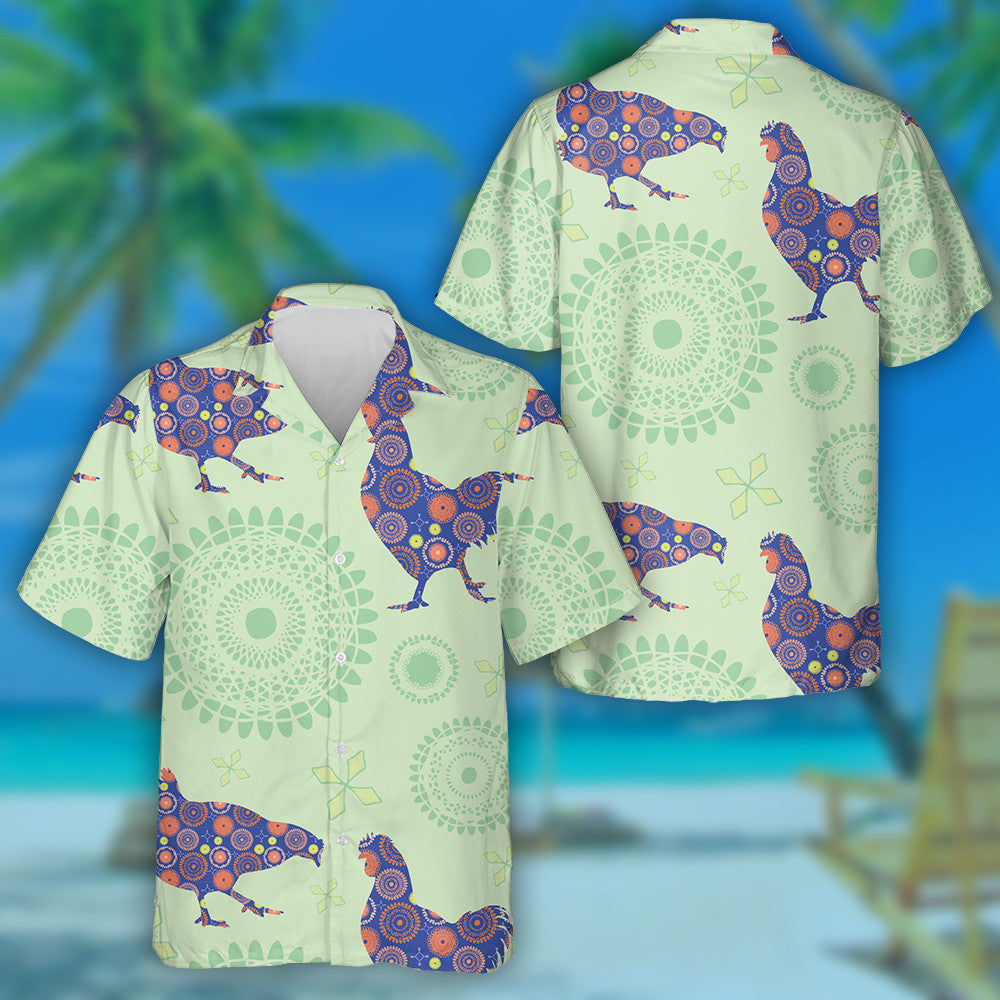 Chickens On The Background Of Geometric Hawaiian Shirt, Hawaiian Shirt Gift, Christmas Gift
