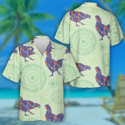 Chickens On The Background Of Geometric Hawaiian Shirt, Hawaiian Shirt Gift, Christmas Gift