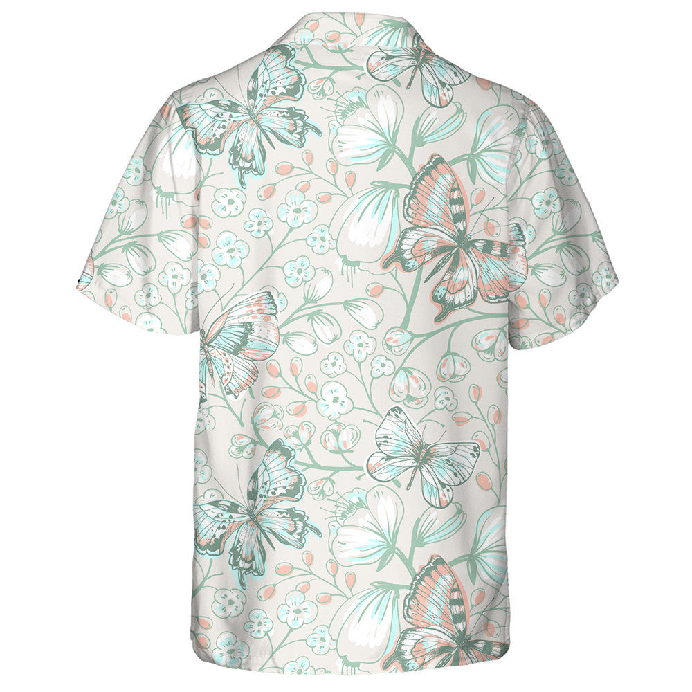Hand Drawn Butterflies And Blooming Flowers Hawaiian Shirt, Hawaiian For Gift