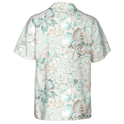 Hand Drawn Butterflies And Blooming Flowers Hawaiian Shirt, Hawaiian For Gift