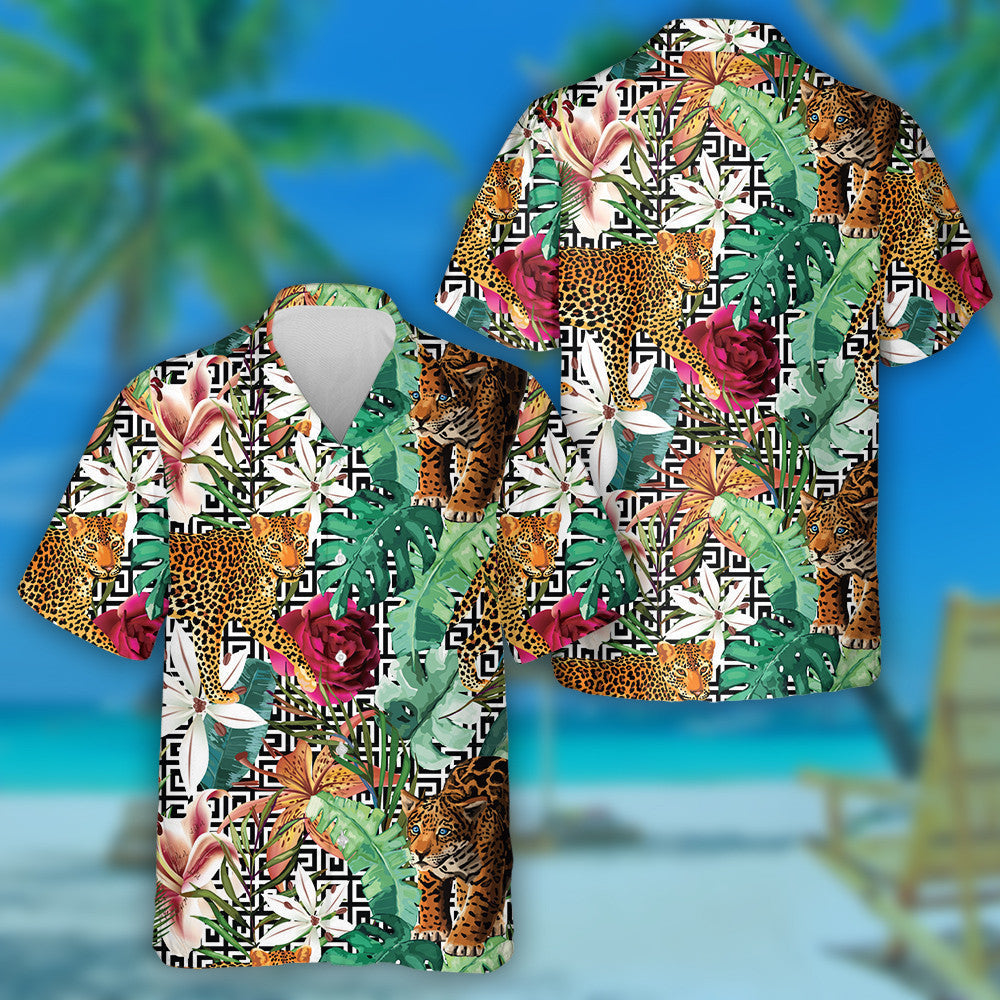 Liopard Fiáin na hAfraice san Fhoraois Trópaiceach Cúlra Geoiméadrach Léine Haváí, Bronntanas Léine Haváís, Bronntanas Nollag