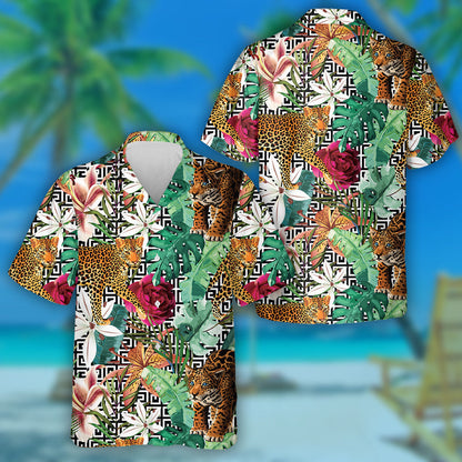 Liopard Fiáin na hAfraice san Fhoraois Trópaiceach Cúlra Geoiméadrach Léine Haváí, Bronntanas Léine Haváís, Bronntanas Nollag