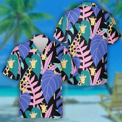 Tropical Pattern With Exotic Leaves And Giraffe Hawaiian Shirt,, Hawaiian Shirt Gift, Christmas Gift