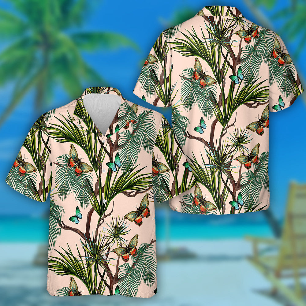 Cúlra Samhraidh Trópaiceach le Féileacáin Léine Haváích le duilleoga pailme, bronntanas Léine haváíais, bronntanas Nollag