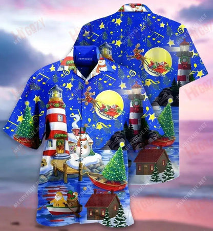 Christmas Lighthouse Short Short Sleeve Shirt Summer Tropical Shirts Custom Hawaiian Shirts Hawaiian Shirts For Men__Hawaiian Shirt Gift, Christmas Gift
