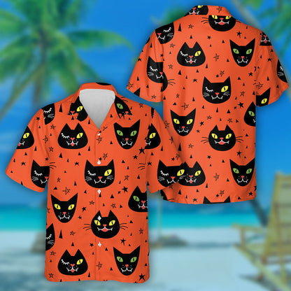 Cute Black Cats Funny Halloween Background Hawaiian Shirt, Hawaiian Shirt Gift, Christmas Gift