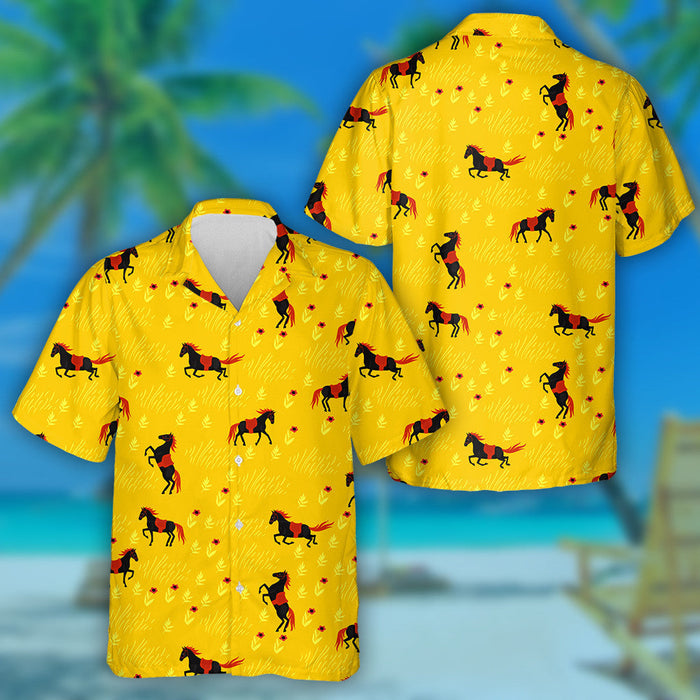 Black Horses On A Gold Field Hawaiian Shirt, Hawaiian For Gift