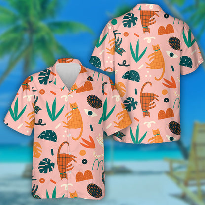 Funny Cats With Floral Elements Geometric Shapes Hawaiian Shirt, Hawaiian Shirt Gift, Christmas Gift