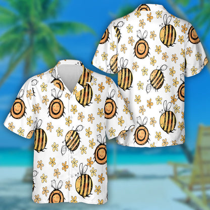 Natural Summer Orange Bee With Flowers Hawaiian Shirt,Hawaiian Shirt Gift, Christmas Gift