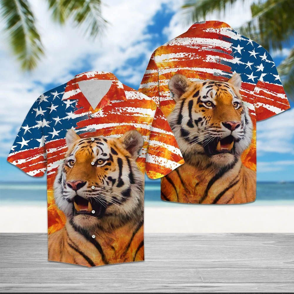 Portráid Uafásach Tíogair Le Patrún Bratach Grunge Usa Léine Haváís, Bronntanas Léine Haváíais, Bronntanas Nollag