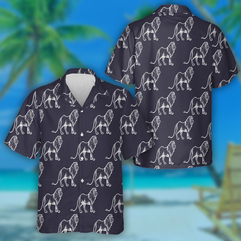 Old Engraving African Lions On Black Background Hawaiian Shirt, Hawaiian Shirt Gift, Christmas Gift