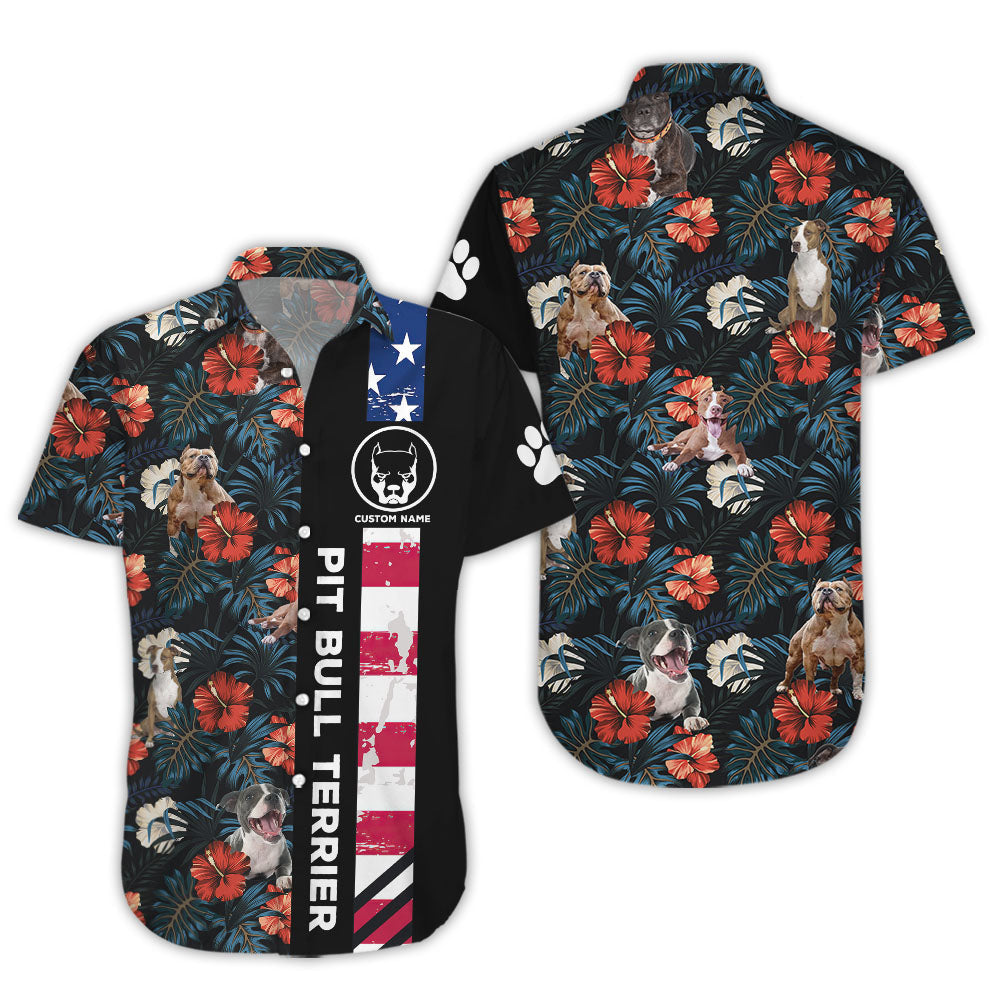 Dog Hawaiian Shirt - Custom Name Pit Bull Terrier American Flag Tropical Hawaiian Shirts - Gift For Summer_Hawaiian Shirt Gift, Christmas Gift