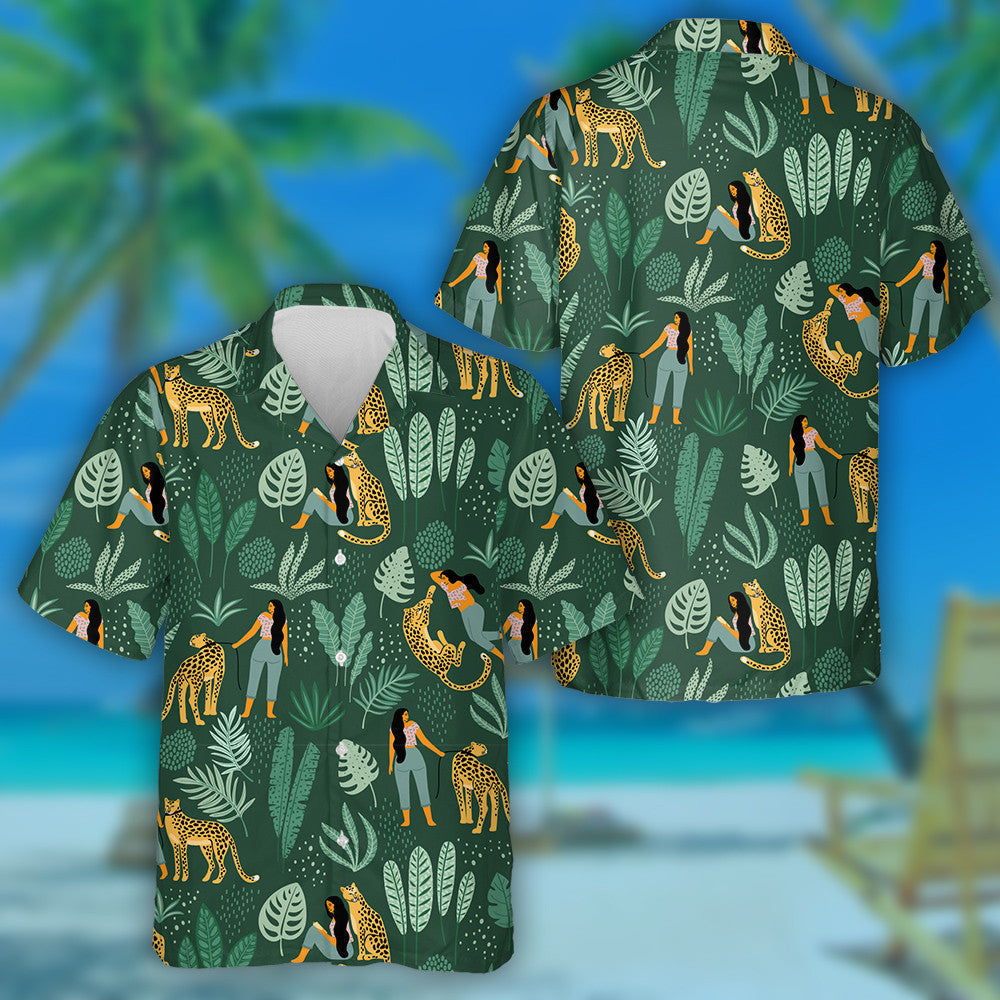Leopards With Women And Tropical Leaves Hawaiian Shirt, Hawaiian For Gift
