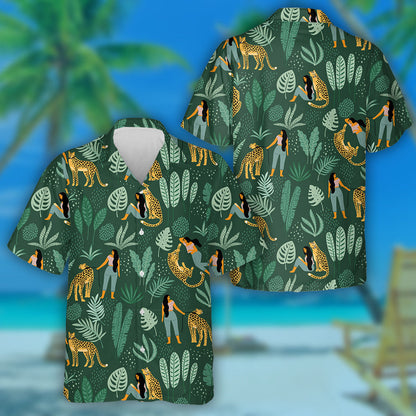 Leopards With Women And Tropical Leaves Hawaiian Shirt, Hawaiian For Gift