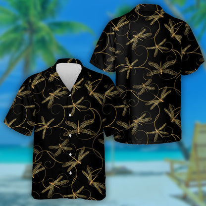 Gold Dragonflies On A Black Background Hawaiian Shirt,Hawaiian Shirt Gift, Christmas Gift