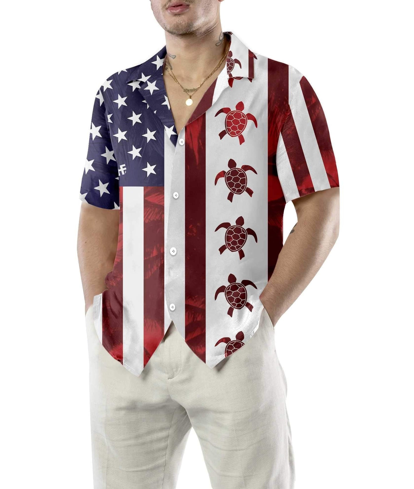 Red Stripes Turtle Flag American Design Hawaiian Shirt,Hawaiian Shirt Gift, Christmas Gift