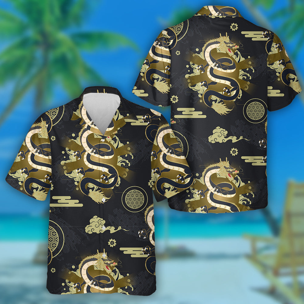Black And Gold Theme With Flying Dragon Hawaiian Shirt, Hawaiian Shirt Gift, Christmas Gift