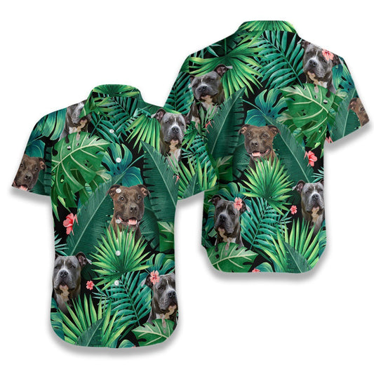 Leaf And Pitbull Tropical Background Design Hawaiian Shirt, Hawaiian For Gift