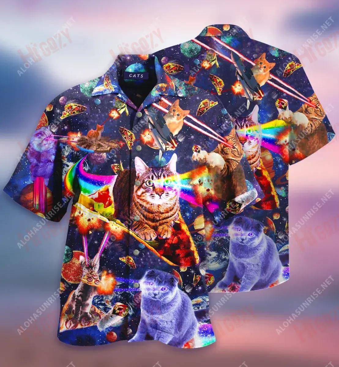 Cats Ride Food In Space Short Hawaiian Shirt Hobbies Tropical Shirts Tactical Hawaiian Shirt Funny Hawaiian Shirts, Hawaiian Shirt Gift, Christmas Gift