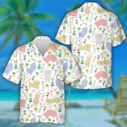 Funny Cats And Flowers In Cartoon Style Hawaiian Shirt, Hawaiian Shirt Gift, Christmas Gift