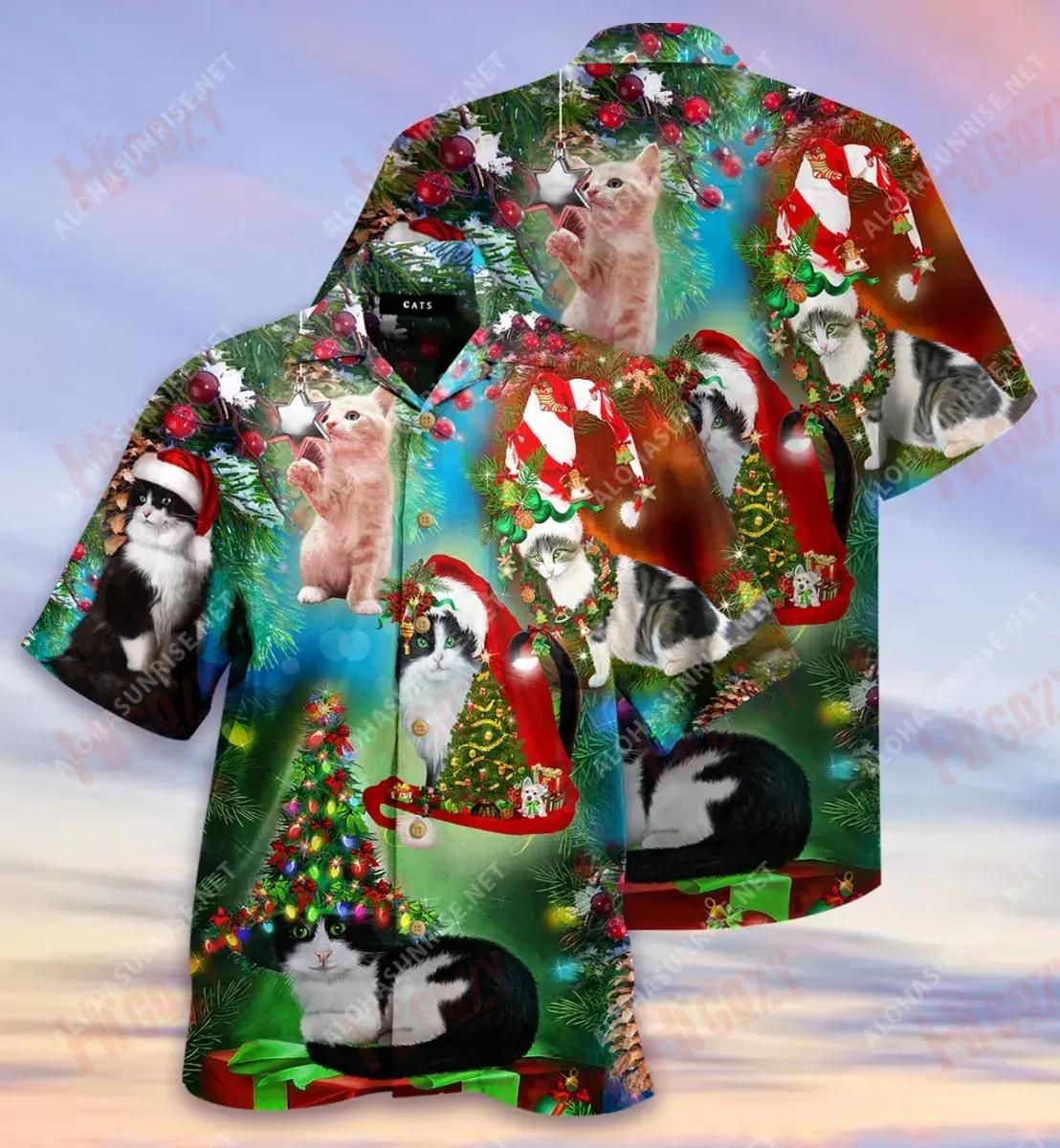 Trust A Man Who Likes Cats Christmas Short Hawaiian Shirt Vacation Aloha Shirt Custom Hawaiian Shirts Hawaiian Shirts For Men, Hawaiian Shirt Gift, Christmas Gift