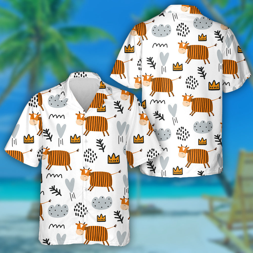 Hand Drawn Orange Stripe Cow On White Hawaiian Shirt, Hawaiian Shirt Gift, Christmas Gift