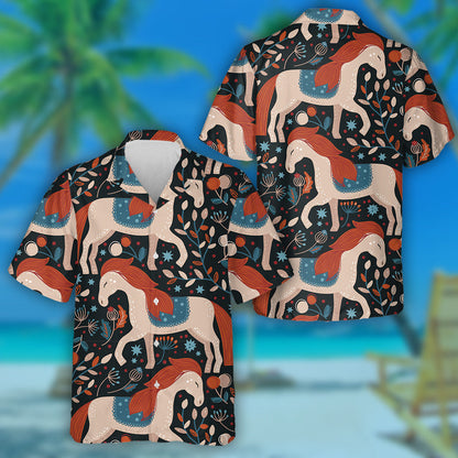Hand Drawn Cartoon Dreamy Nordic Horse Hawaiian Shirt, Hawaiian Shirt Gift, Christmas Gift