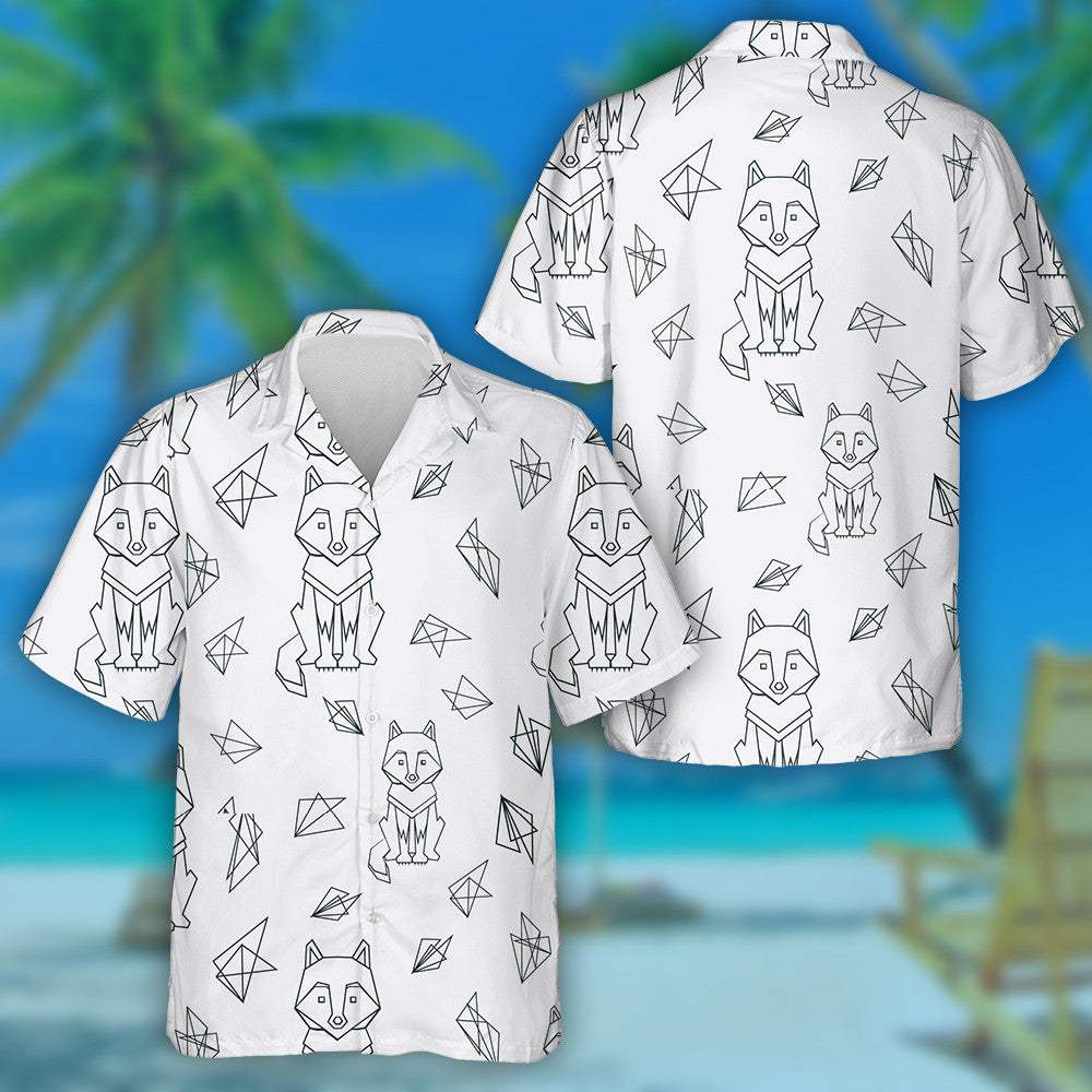 Cute Black Line Wolf On Grey Background Hawaiian Shirt, Hawaiian Shirt Gift, Christmas Gift