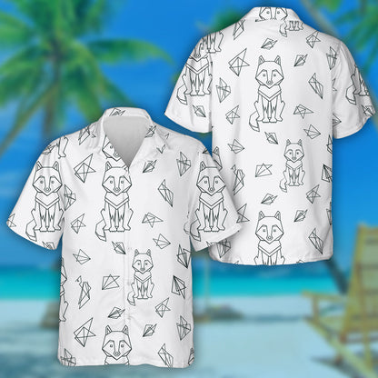 Cute Black Line Wolf On Grey Background Hawaiian Shirt, Hawaiian Shirt Gift, Christmas Gift