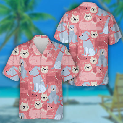 Cartoon Pink Dogs And Cats Isolated Background Hawaiian Shirt, Hawaiian Shirt Gift, Christmas Gift